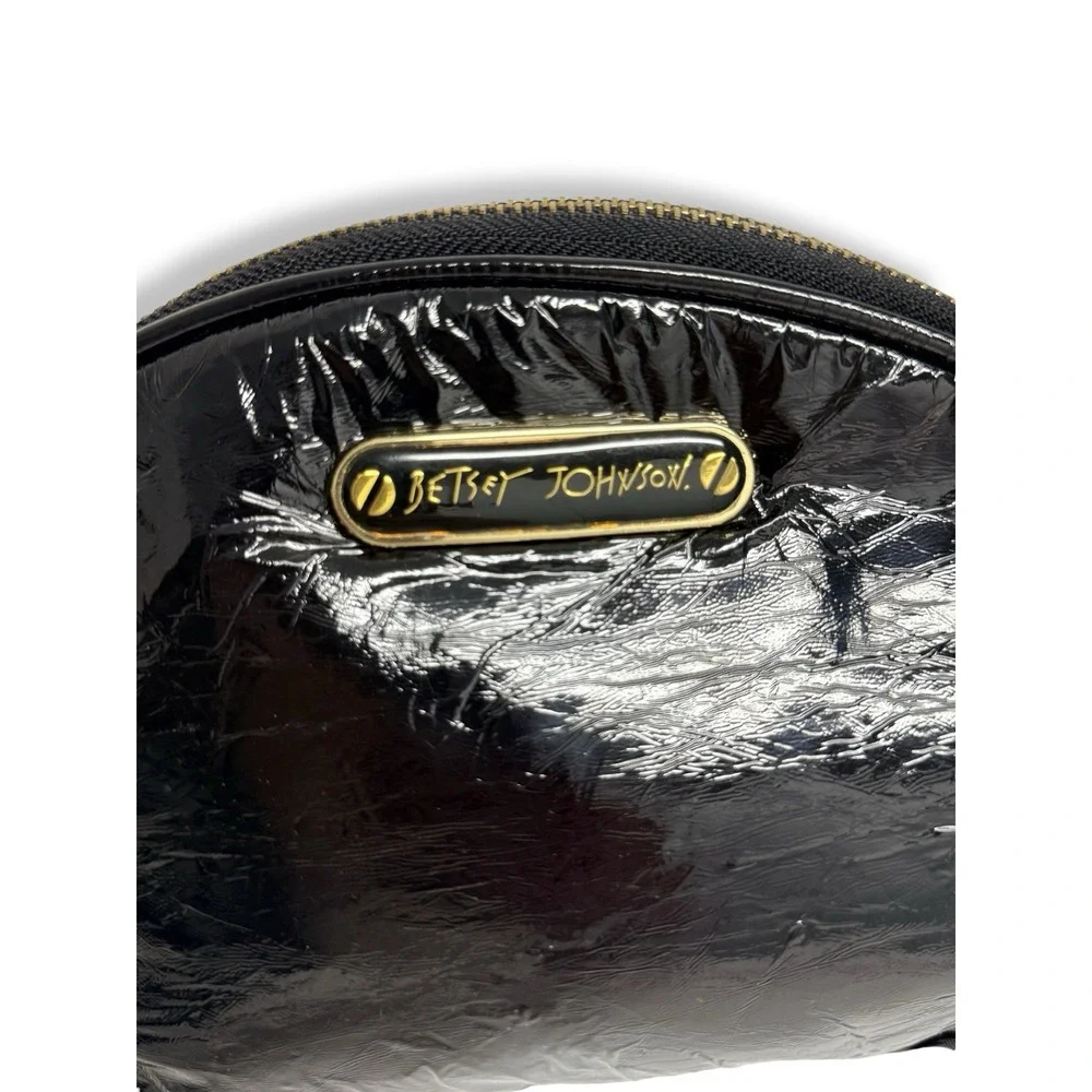 Betsey Johnson Black Patent Leather Dome Cosmetic Bag Makeup Pouch Gold Zipper